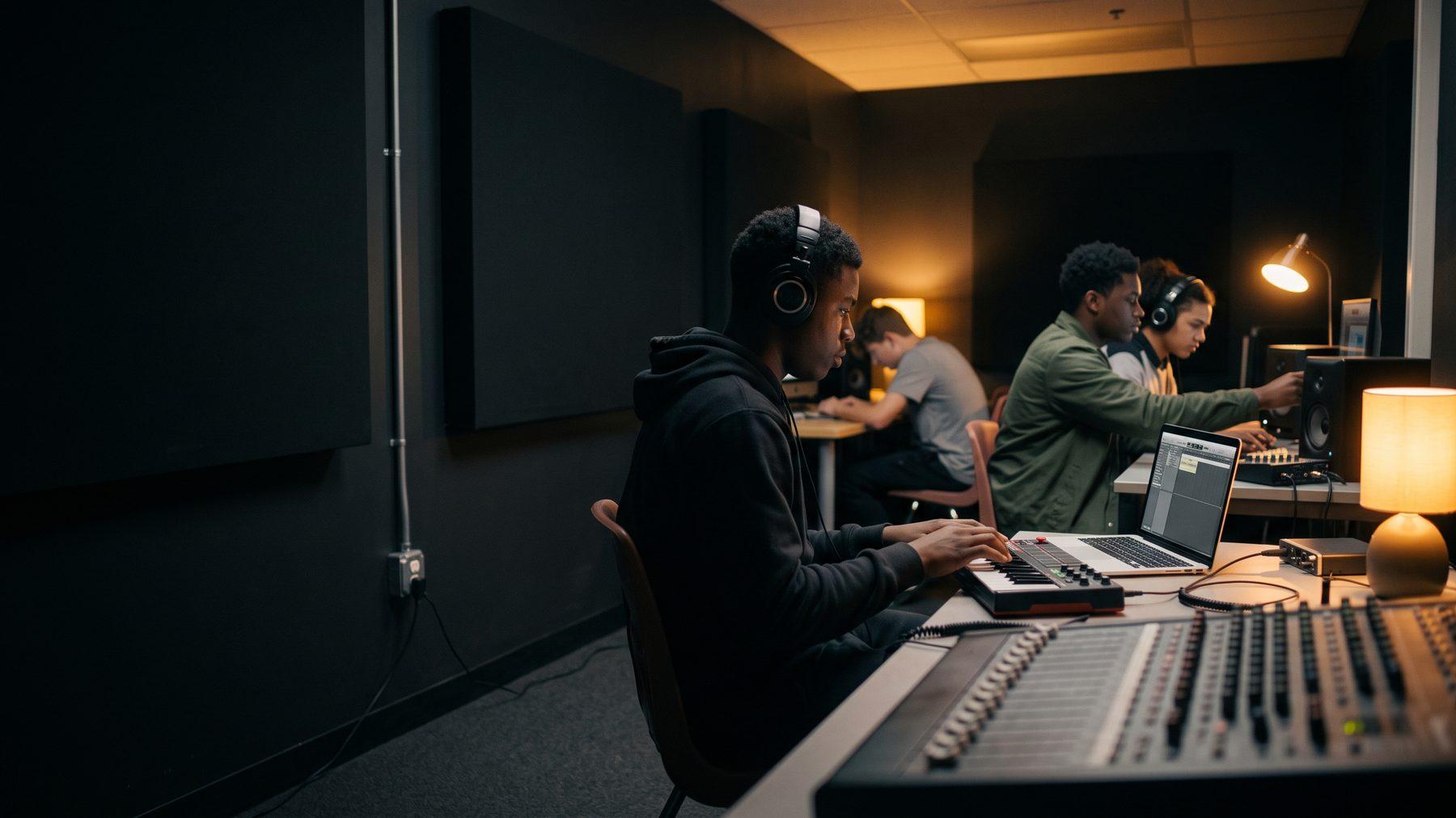 A high school student wearing headphones producing a track on a laptop and MIDI controller in a school studio