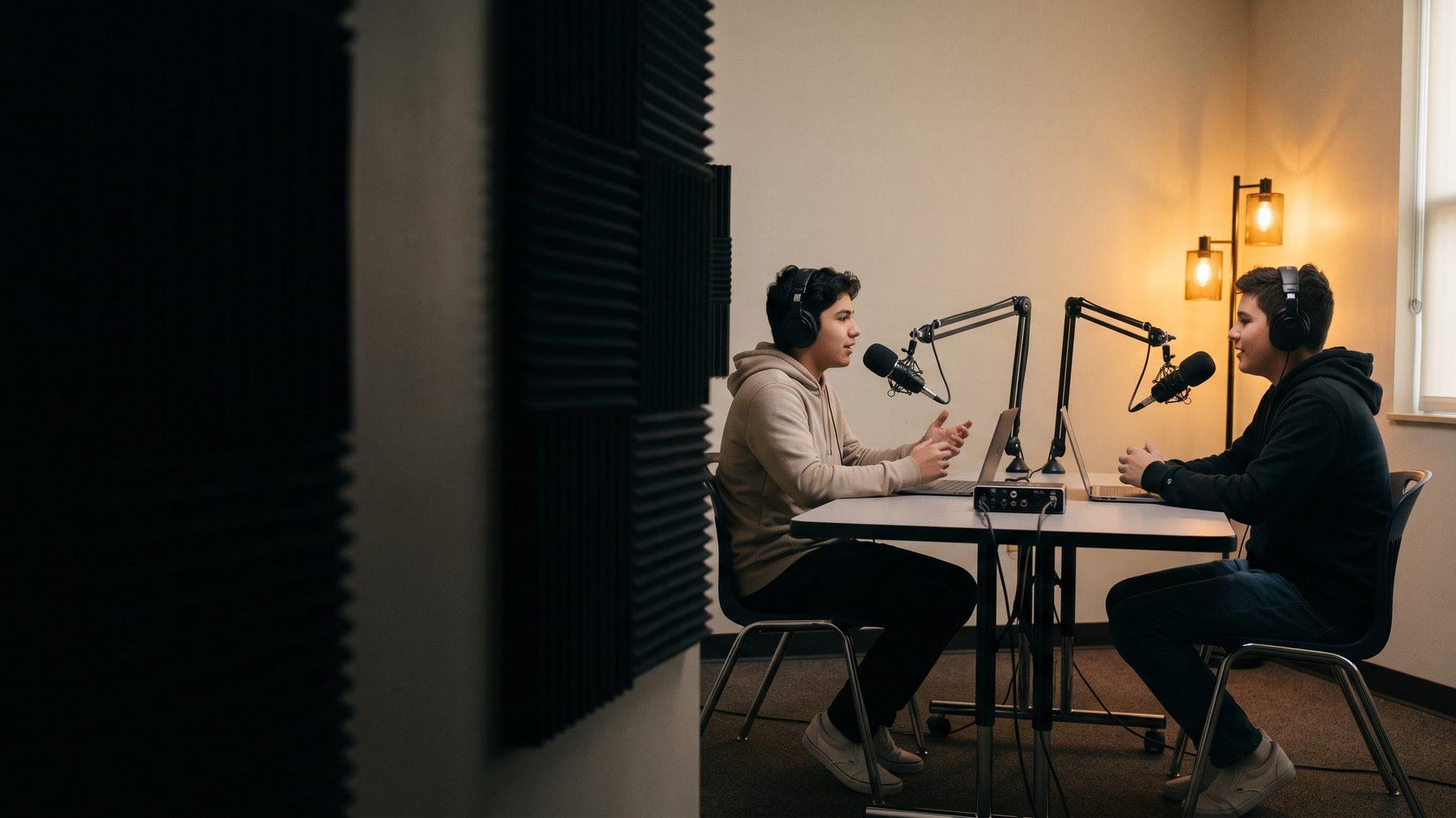 Two students recording a podcast at a table with condenser microphones, headphones, and an audio interface