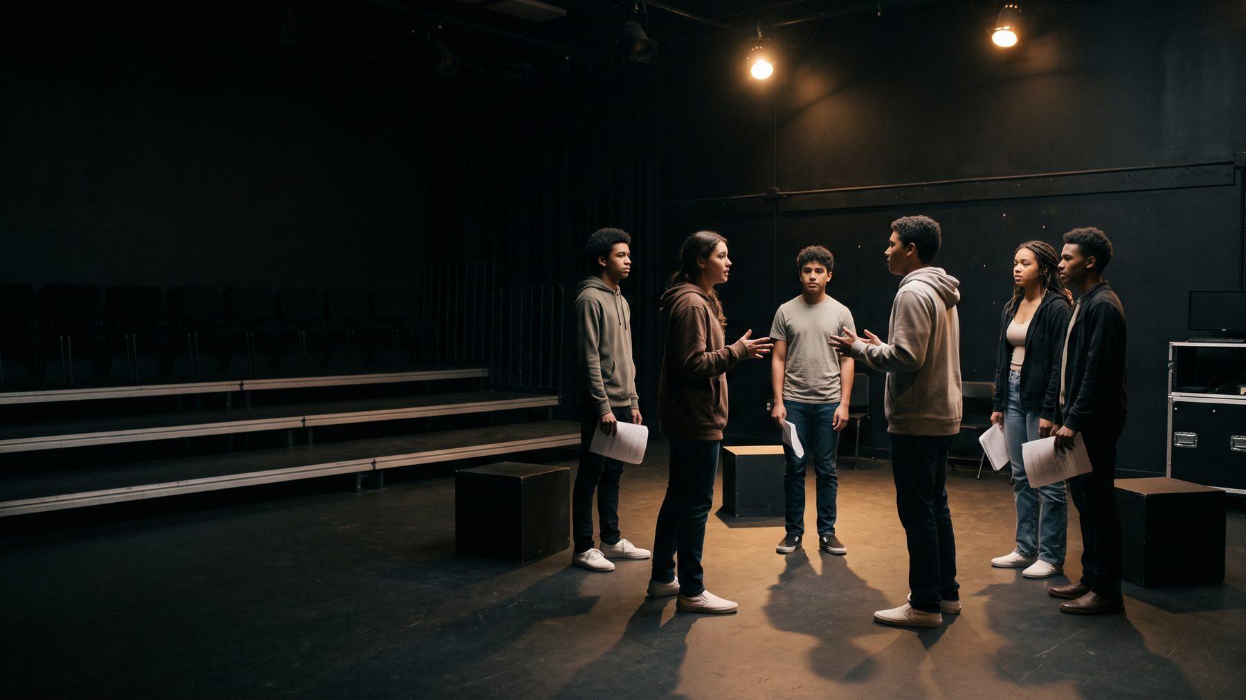 Students rehearsing a scene together in a school black box theater