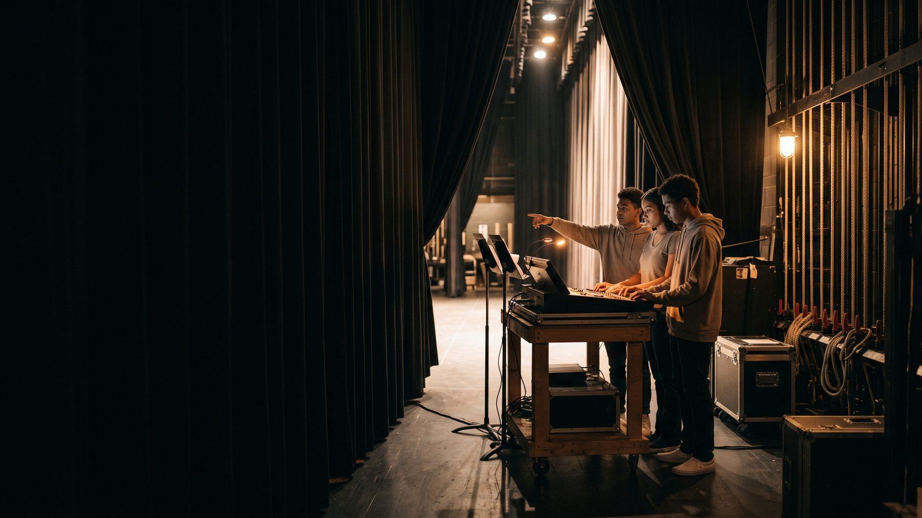 Students operating a lighting console backstage at a live school production