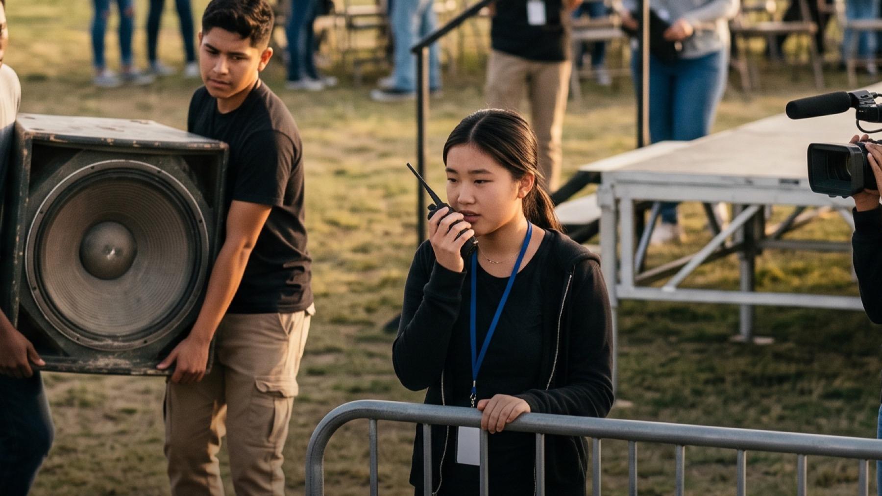 High school students producing their own school festival on a school field at golden hour