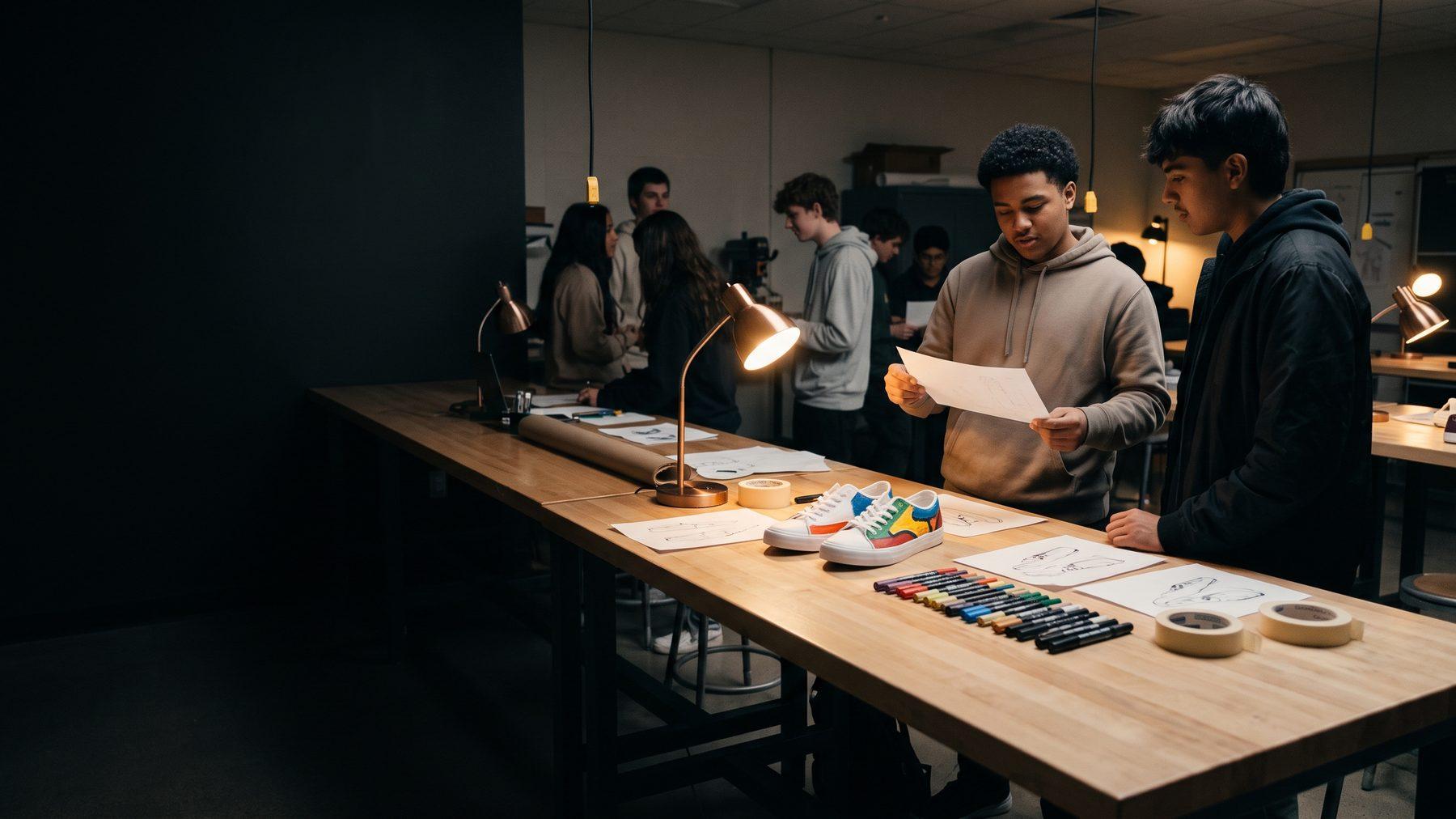 Custom-painted sneakers on a work table surrounded by design sketches and paint pens