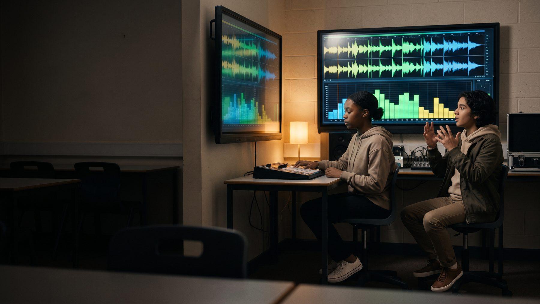 A student using a visual audio interface with waveform displays on a large screen