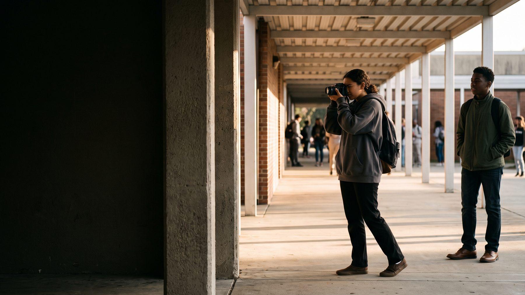 A student framing a shot with a DSLR camera outdoors on a campus walkway