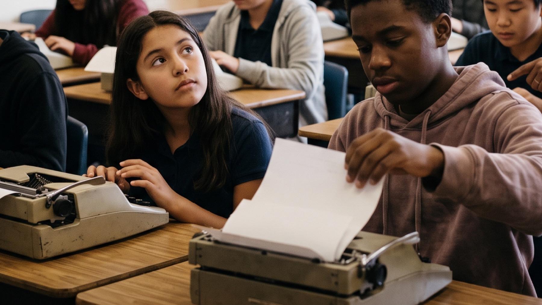 A student at a manual typewriter with a blank sheet loaded, both hands on the keys