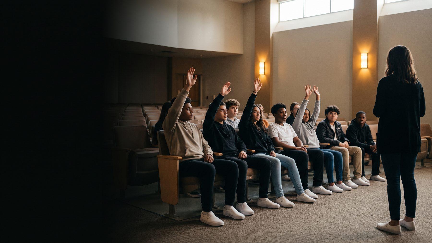 Students raising their hands during a leadership workshop in a school auditorium