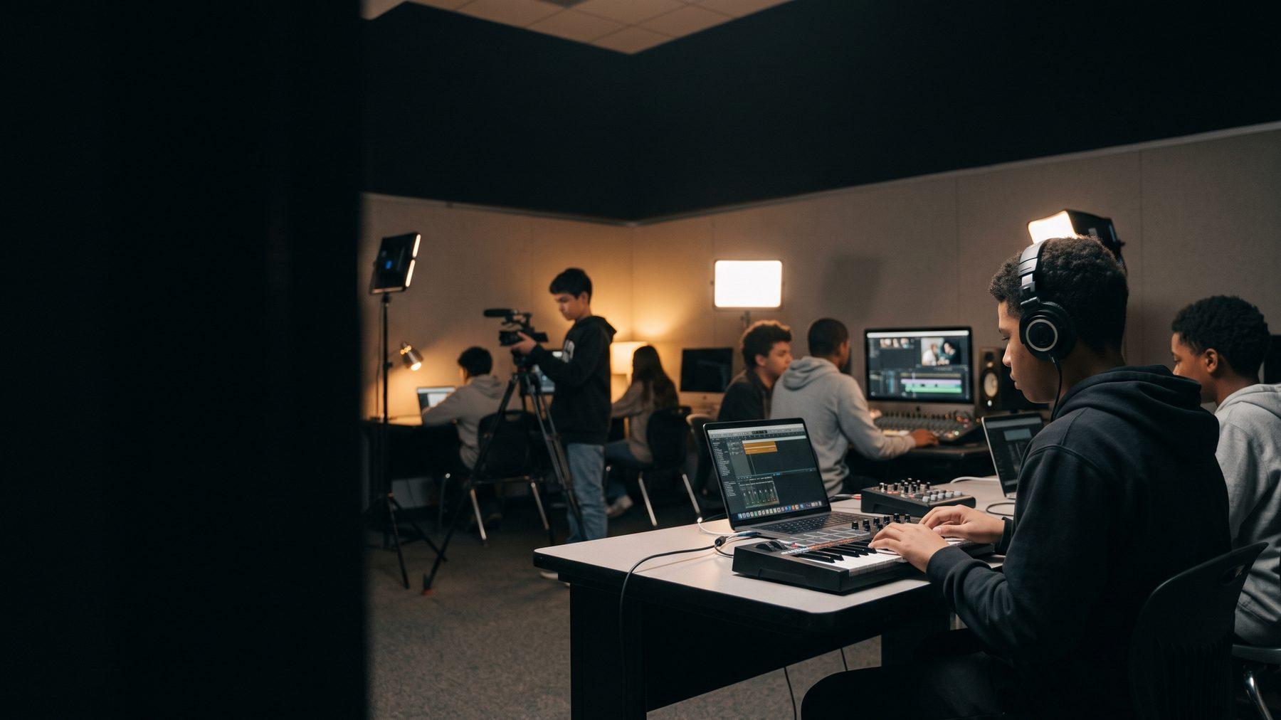 Four Black and Latino middle and high school students in studio headphones working along the production desk of a BEAT Lab, the nearest playing a keyboard controller