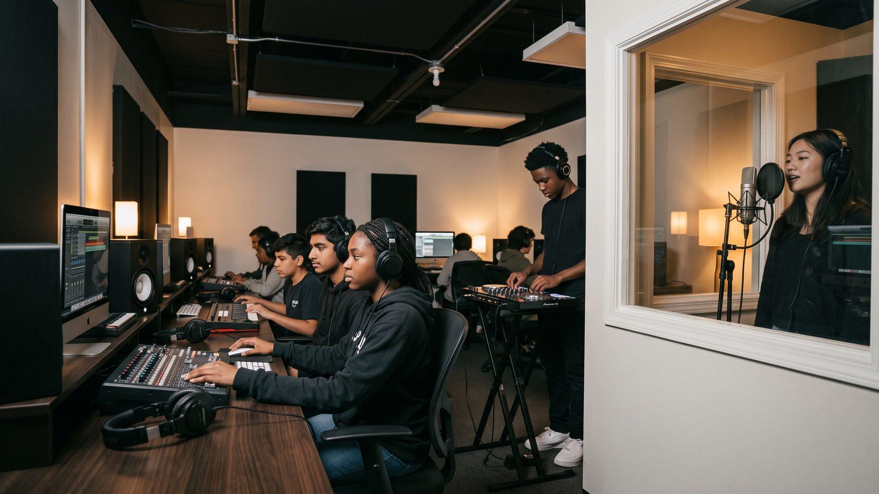 A BEAT Lab in a school: production workstations, DJ controllers, microphones, and students working