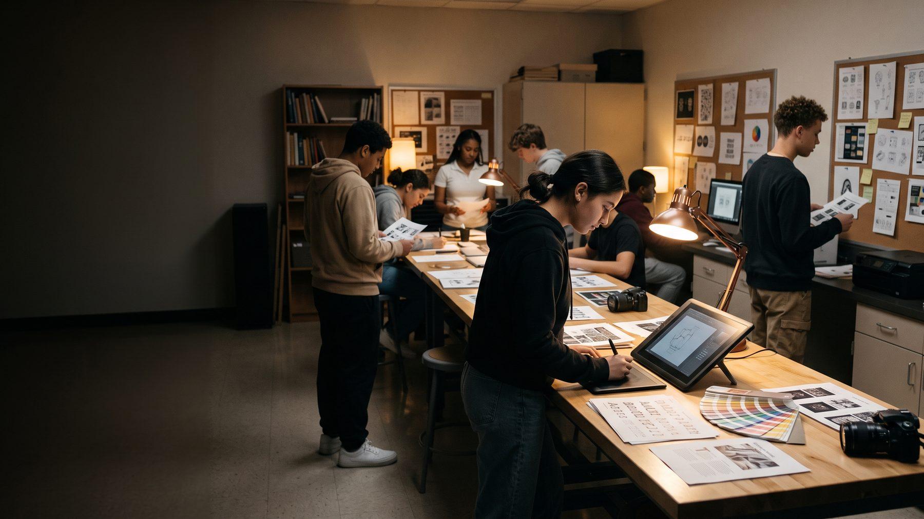 A student sketching a logo system on a tablet beside printed type specimens and color swatches
