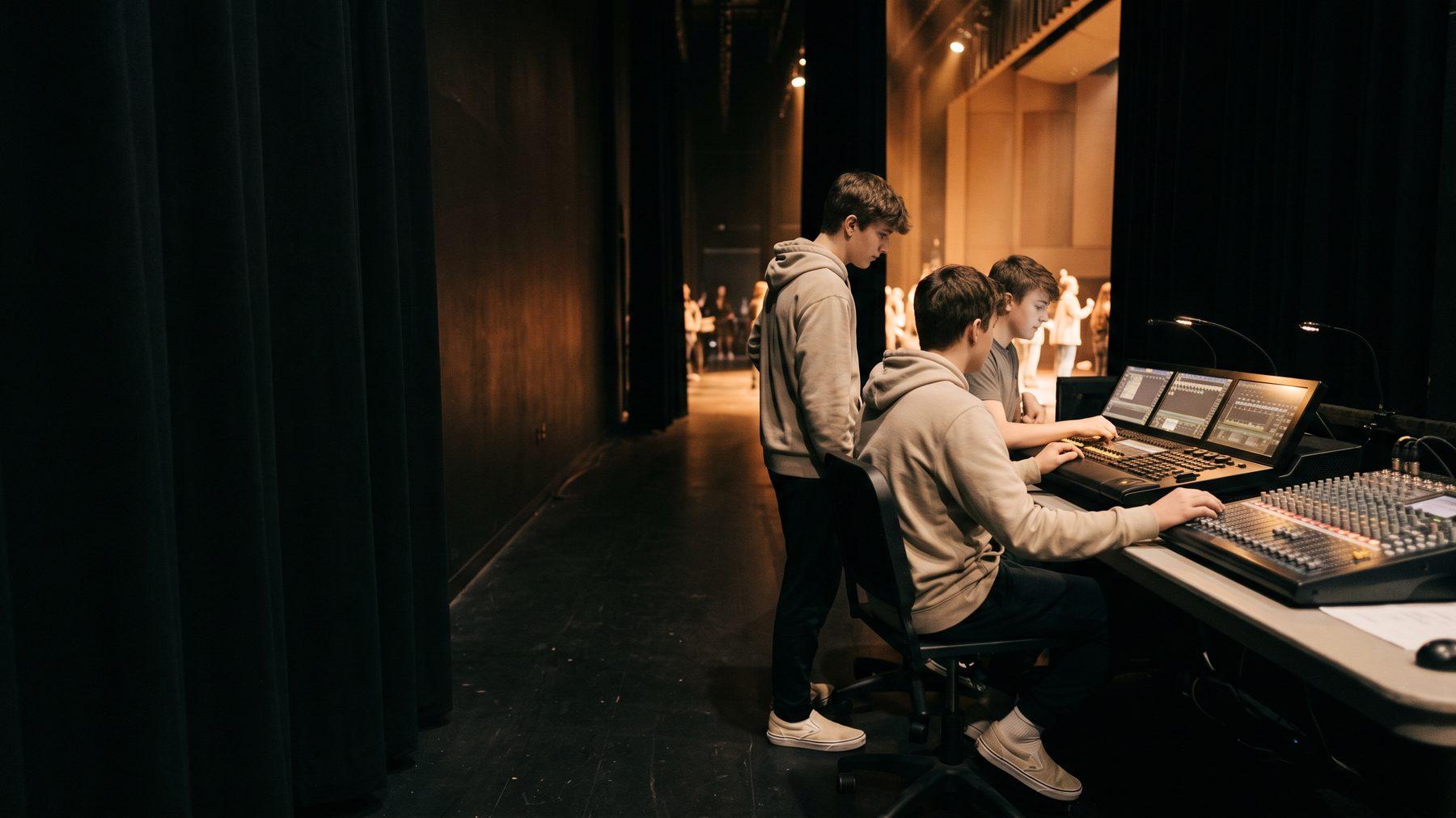 Students working a live event production desk with lighting and audio consoles at a school venue