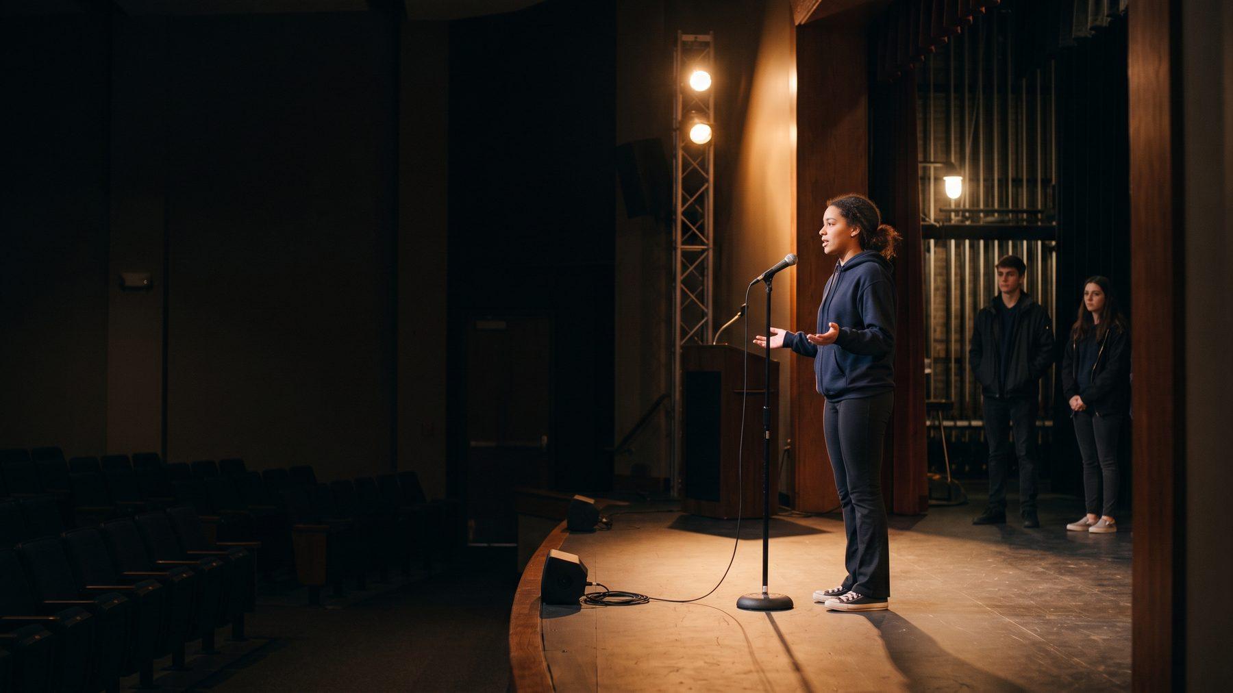 A student speaking into a microphone on a lit stage while classmates watch from the wings