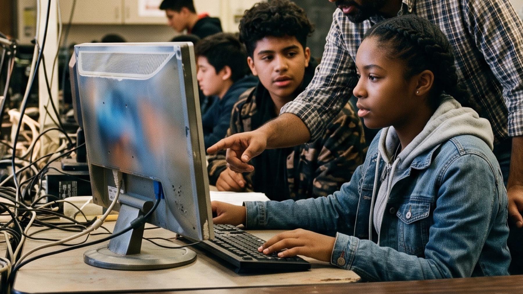 A middle school student at a workstation using creative software in a dim classroom, face lit by the screen