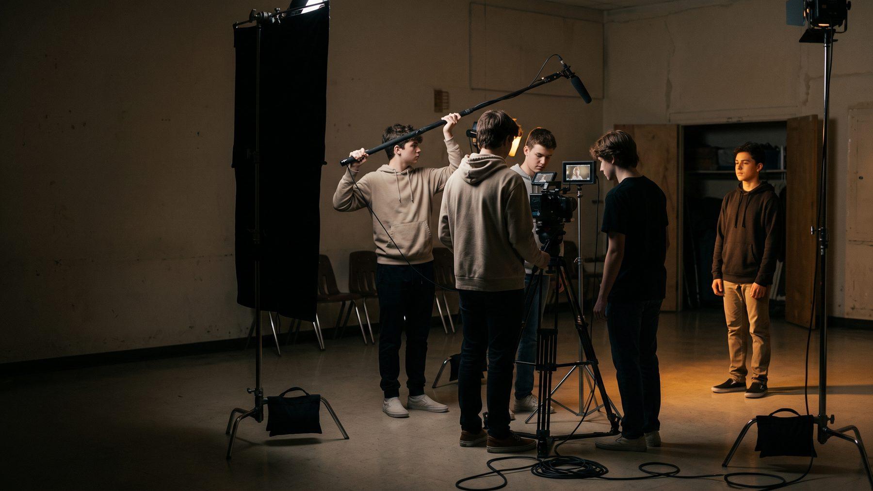 Students on a small film set operating a camera on a tripod with a boom mic and LED panel