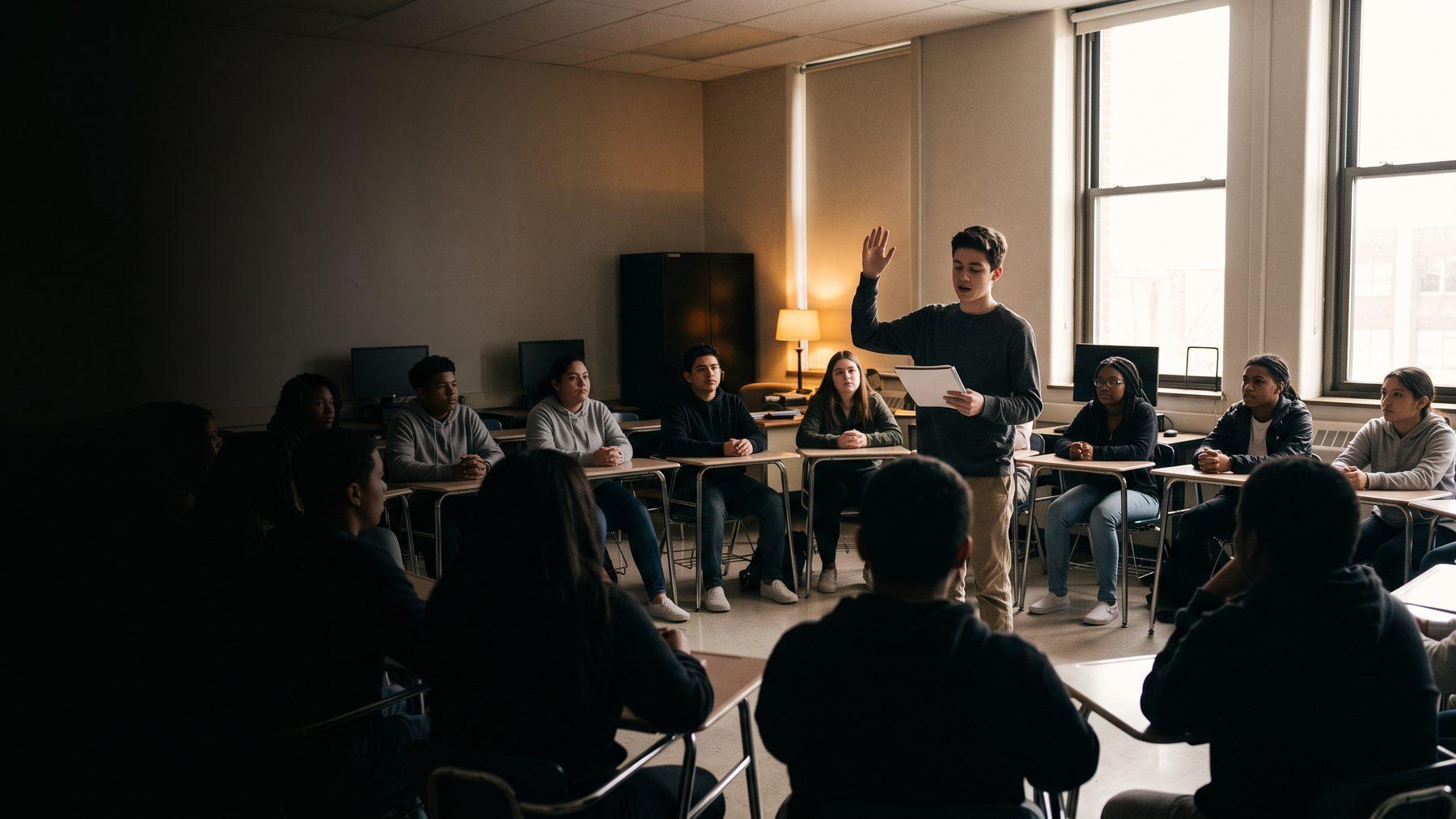 A student performing spoken word poetry to classmates in a bright classroom